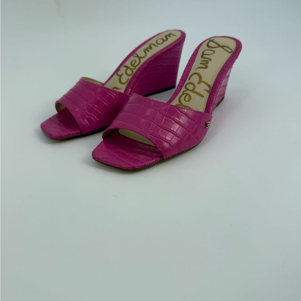 Sam Edelman Tesma Croc-Embossed Wedge Mules Hot -Pink Chic Statement Heels SZ-8 - Picture 5 of 17